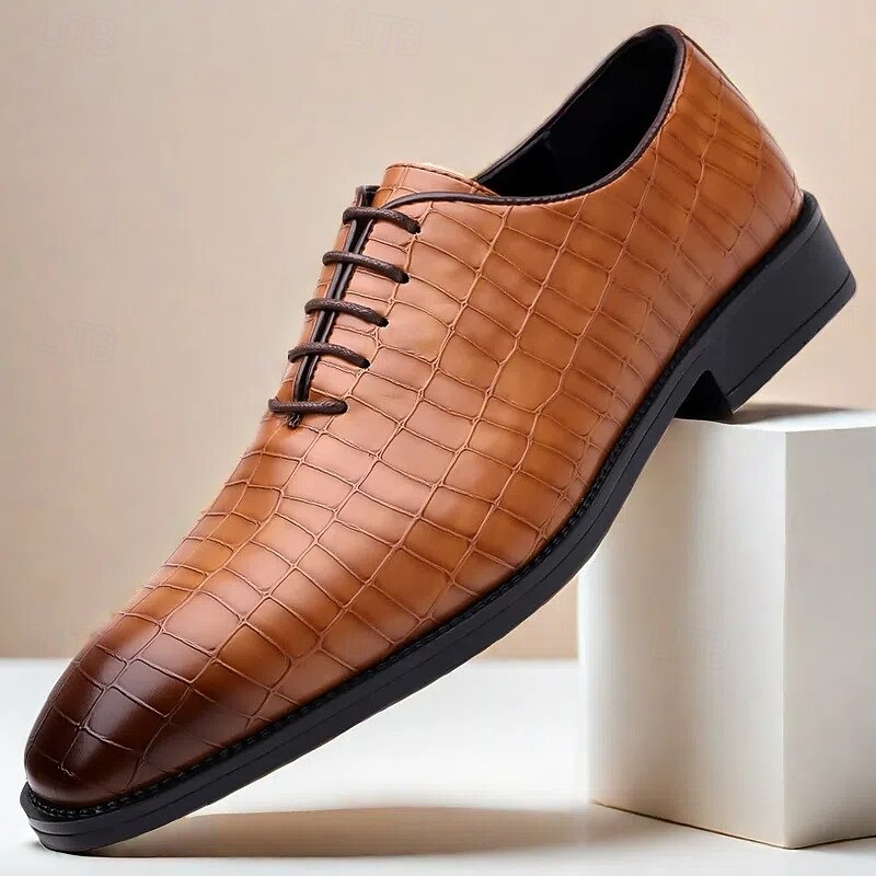 Men's Cognac Crocodile Pattern Leather Lace-Up Oxfords - Sophisticated Footwear for Business Professionals
