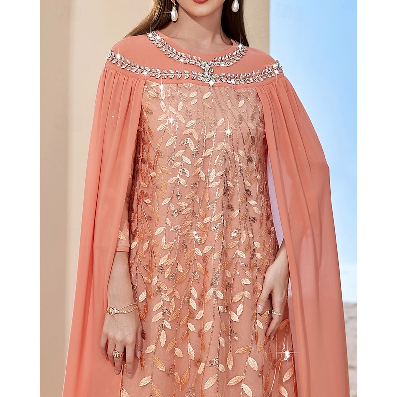 A-Line Cape Dress Mother of the Bride Dress Elegant Vintage Party Crew Neck Floor Length Chiffon Long Sleeve with Beading Embroidered Lace Applique2