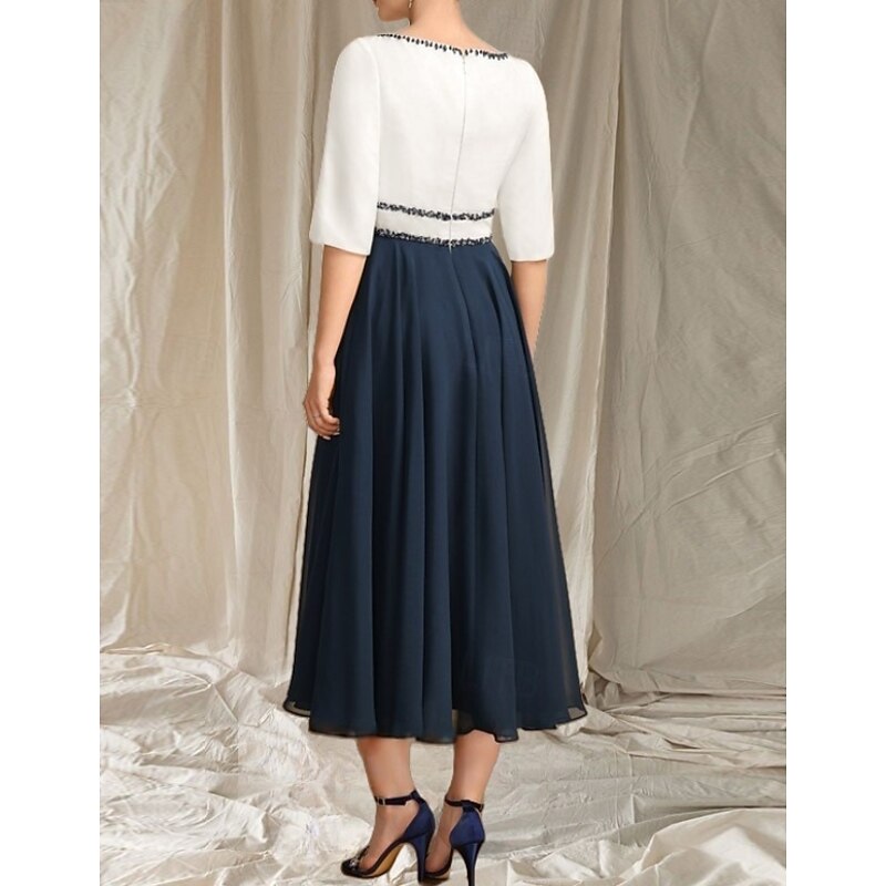 A-Line Mother of the Bride Dress Wedding Guest Elegant Crew Neck Tea Length Chiffon Satin Half Sleeve with Beading Ruching Midi Dress2