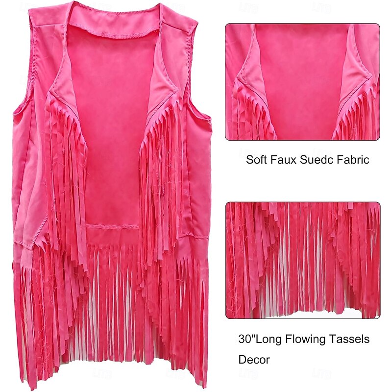 4 Pcs 60s 70s Hippie Costume Disco Outfits Fringe Vest Boho Bell Bottoms Peace Accessories Set Halloween for Women3