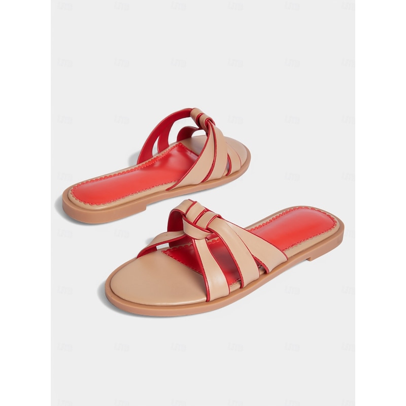 Women's Beige and Red Slip-On Flat Sandals with Knotted Straps – Casual Everyday & Summer Date Shoes4
