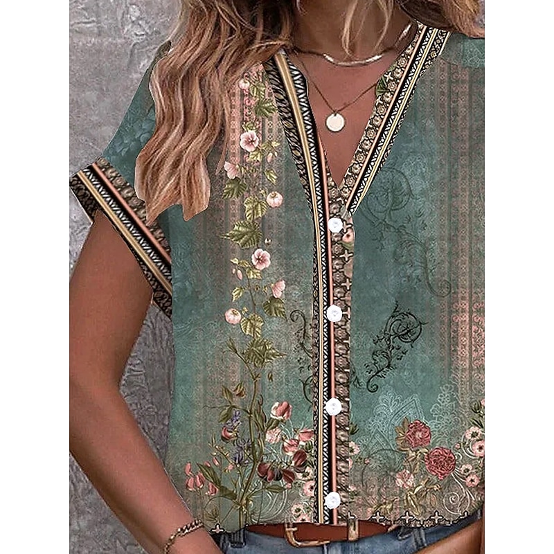 Women's Blouse V Neck Button Down Blouse Floral Graphic Vintage Stylish Ethnic Short Sleeve Notched Neck Regular Tops Daily Buttons Print Sage Green Summer Spring2