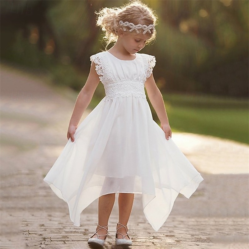 Flower Girl Dress Kid's Girls' Lace Dress Princess Dress Performance Wedding Party Elegant Beautiful Lace Solid Color Sleeveless Crew Neck White 4 years+