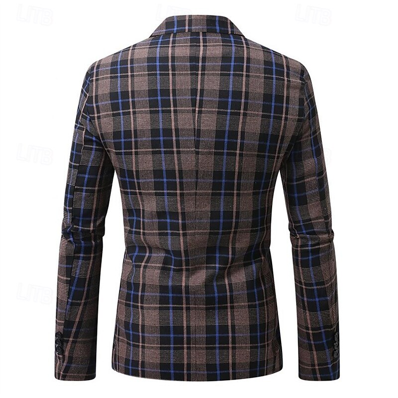 Men's Blazer Business Cocktail Party Wedding Party Fashion Casual Spring Autumn / Fall Polyester Plaid Pocket Buttons Comfortable Single Breasted Blazer Coffee3