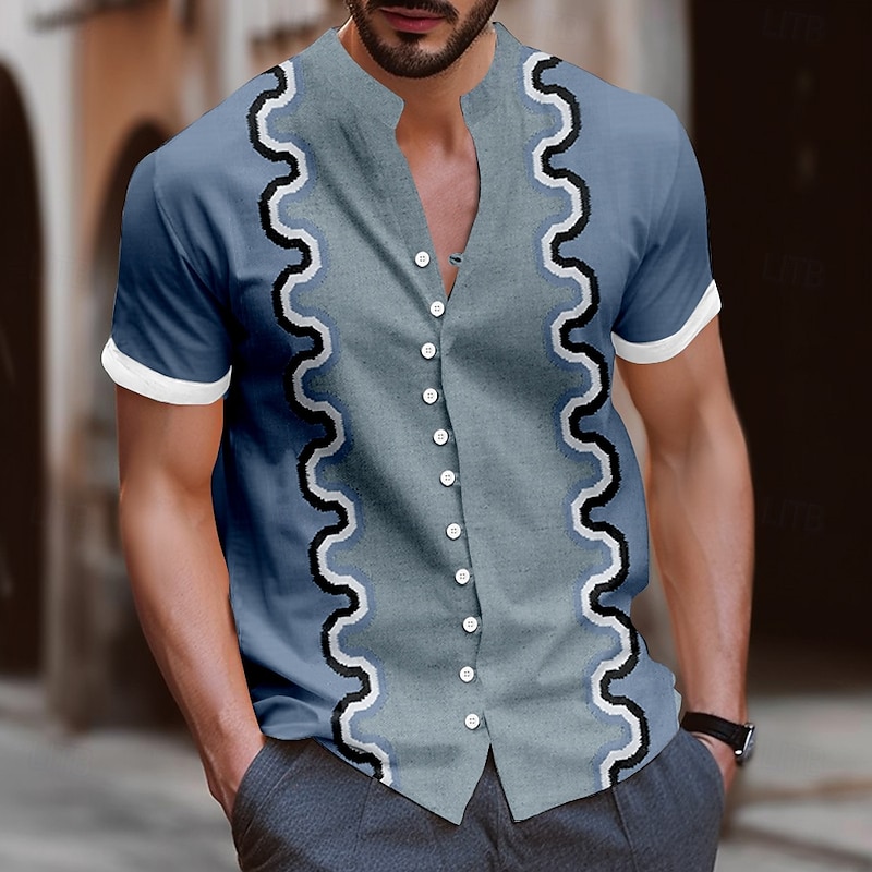 Men's Geometric Shirt Button Up Shirt Stand Collar Shirt Short Sleeve Fashion Casual Vacation Daily Summer Spring Grandad Collar Mandarin Collar Band Collar 3D Print Linen Like Shirt Yellow Blue2