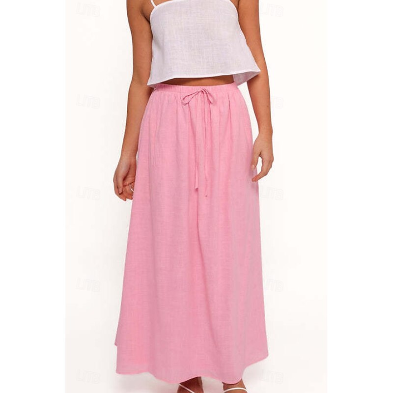 Women's Linen-Inspired Skirts Casual Maxi Mid Rise Plain Drawstring Micro-elastic Vacation Street White Pink Summer Cotton
