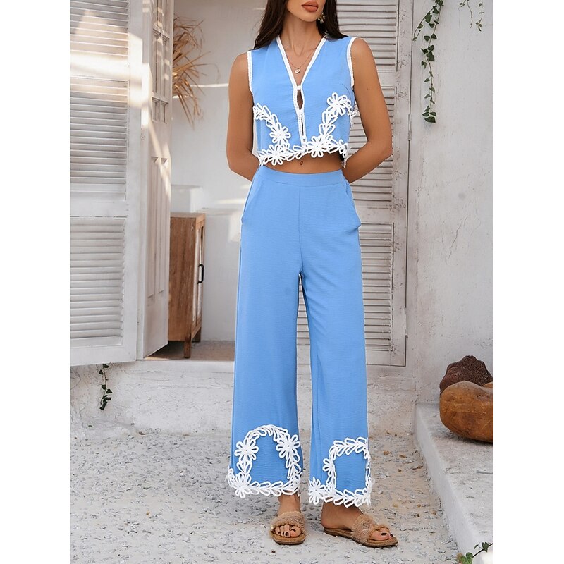 Women's Active Boho Shirt Pants Sets Sleeveless V Neck Solid Color Lace Patchwork Casual Daily Black Army Green Blue Summer Regular Fit2