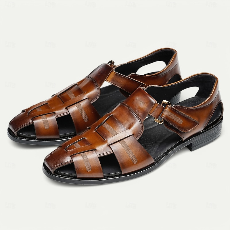 Luxury Men's Brown Leather Fisherman Sandals - Elegant Dress Footwear with Woven Straps2