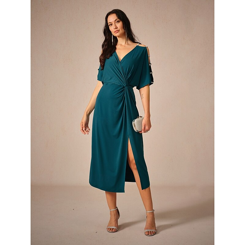 Women's Midi Dress Knit Dress Elegant Stylish Party Date Regular Fit Solid Color Short Sleeve V Neck Ink Blue Summer4