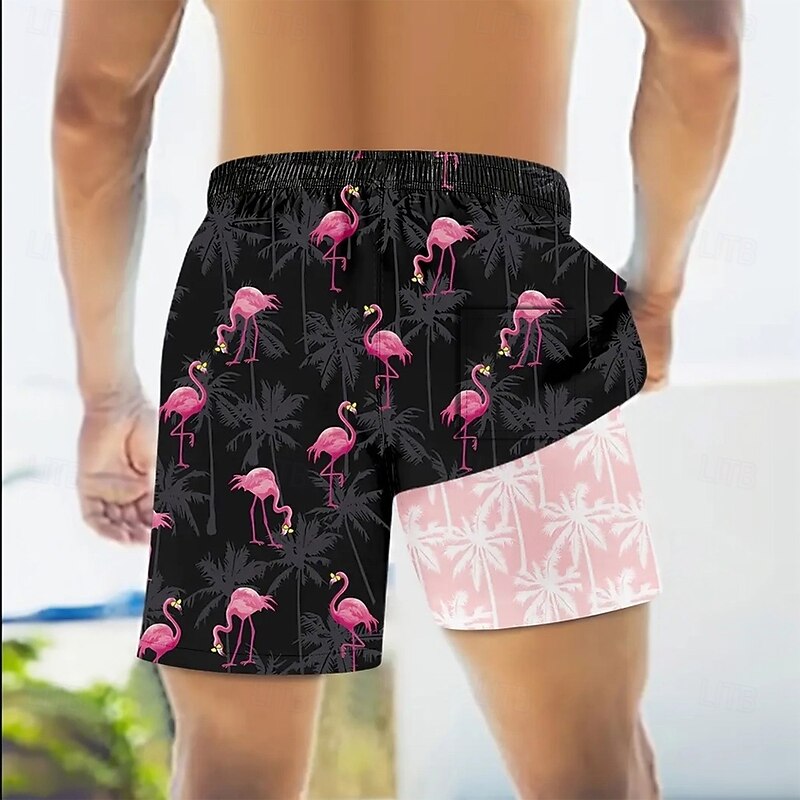 Men's Flamingo Coconut Tree Lined Shorts 2 in 1 Board Shorts Swimming Trunks Mid Waist Hawaiian Vacation Beach Wear Side Pockets With Compression Liner Elastic Drawstring Waist Designer Clothing2