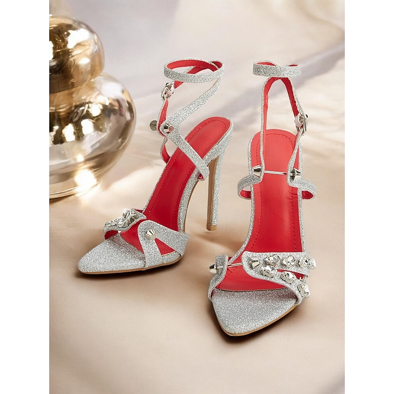 Women's Silver Glitter Stiletto Sandals – Rhinestone Ankle Strap High Heels for Cocktail Party & Evening Wear2