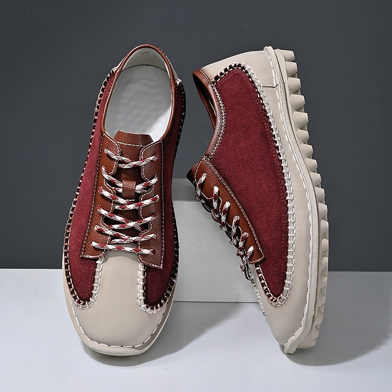 Men's Burgundy & Gray Handmade Lace-Up Casual Shoes – Vintage Leather Walking Shoes4