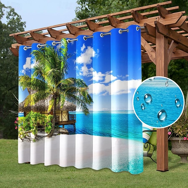 Waterproof Outdoor Curtain Privacy, Sliding Patio Curtain Drapes, Pergola Curtains Grommet 3D Watrefall Rock For Gazebo, Balcony, Porch, Party, 1 Panel