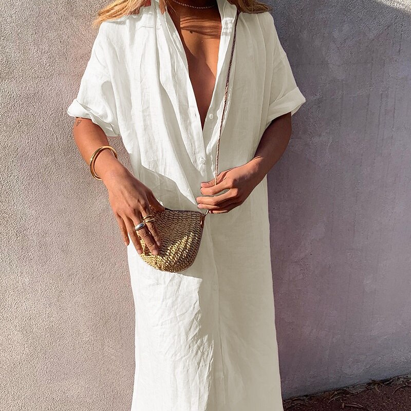 Women's Midi Dress Linen-Inspired Dresses Shirt Dress Cotton Linen Dress Fashion Classic Daily Holiday Weekend Regular Fit Plain Long Sleeve Shirt Collar White Green Summer