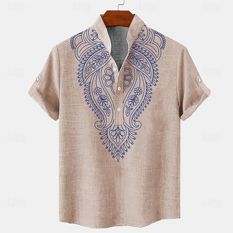 Men's Ethnic Linen Shirt Summer Shirt Short Sleeve Casual Tribal Vacation Daily Summer Spring Mandarin Collar Print Green Khaki Gray