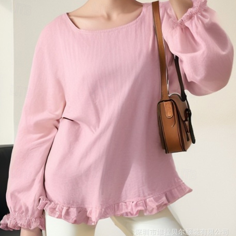 Women's Blouse Cotton Linen Shirts Plain Basic Modern Long Sleeve Square Neck Regular Tops Daily Holiday Going out Ruffle Black White Pink Army Green Navy Blue Summer