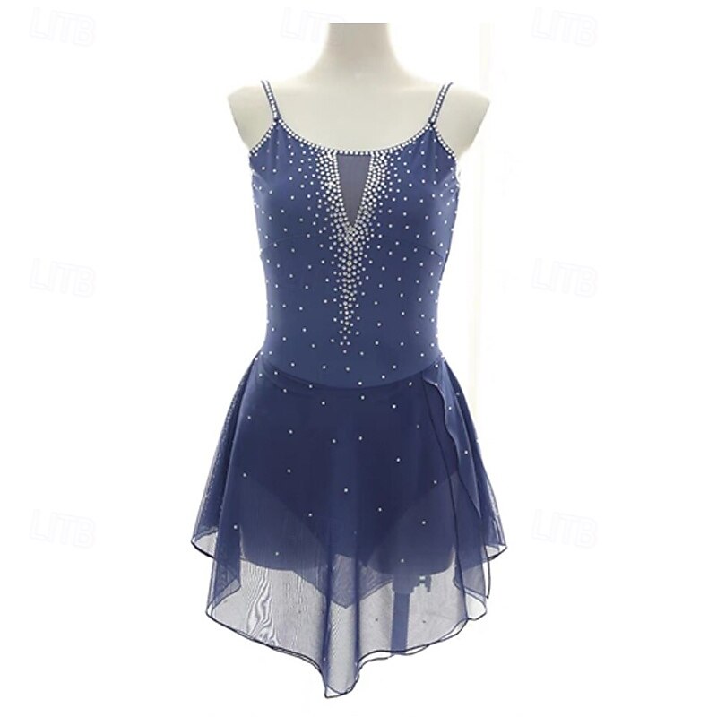 Figure Skating Dress Women's Girls' Ice Skating Dress Dark Navy Patchwork Open Back Mesh Spandex Stretchy Training Practice Professional Skating Wear Thermal Warm Crystal / Rhinestone Sleeveless Ice2