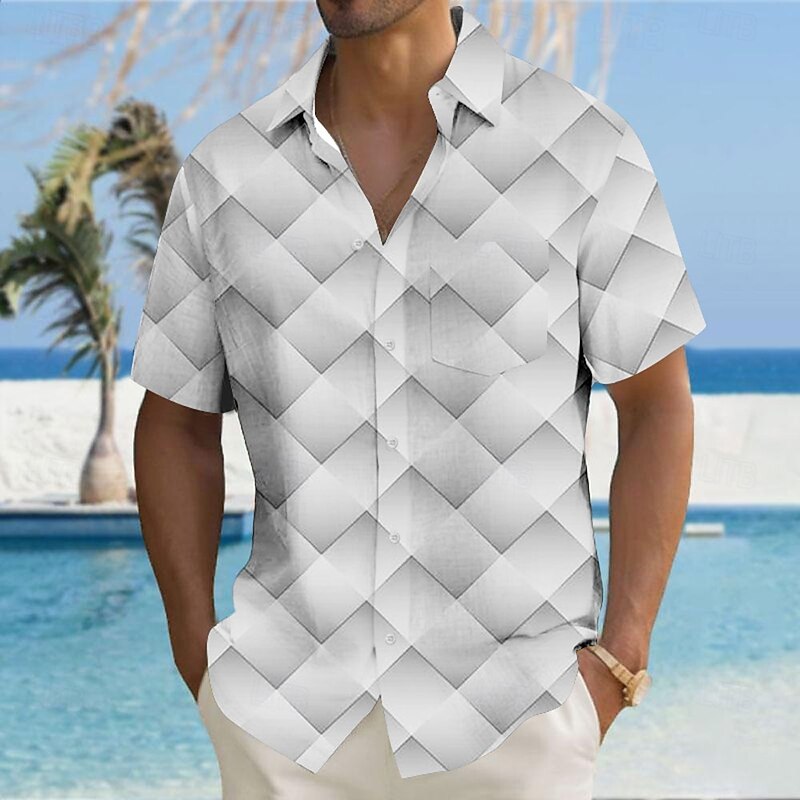 Men's Geometric Grid / Plaid Shirt Button Up Shirt Short Sleeve Fashion Casual Vacation Holiday Streetwear Summer Turndown 3D Print Collared Shirts Front One Pocket Yellow Blue Green Gray