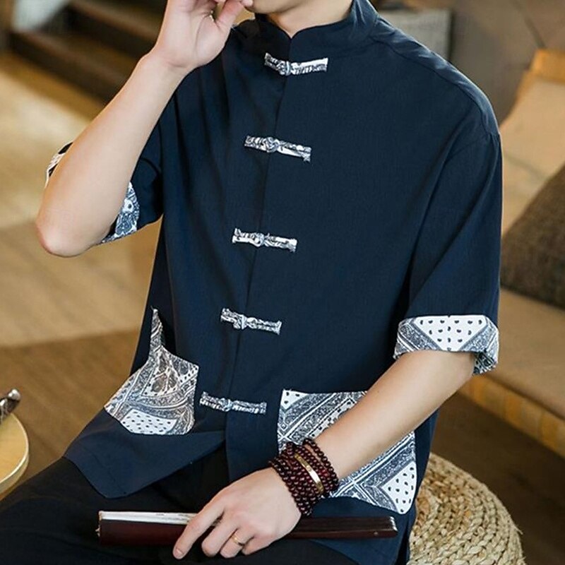 Men's Shirt Linen Shirt Casual Shirt Button Up Shirt Cotton Shirt Bandana Print Vacation Hawaiian Red Navy Blue Khaki Half Sleeve Band Collar Summer Spring Clothing Apparel Patchwork2