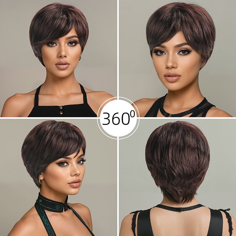 Synthetic Wig Straight Natural Straight Asymmetrical Neat Bang Machine Made Wig 10 inch A1 Synthetic Hair Women's Cool Classic Comfortable Multi-color4