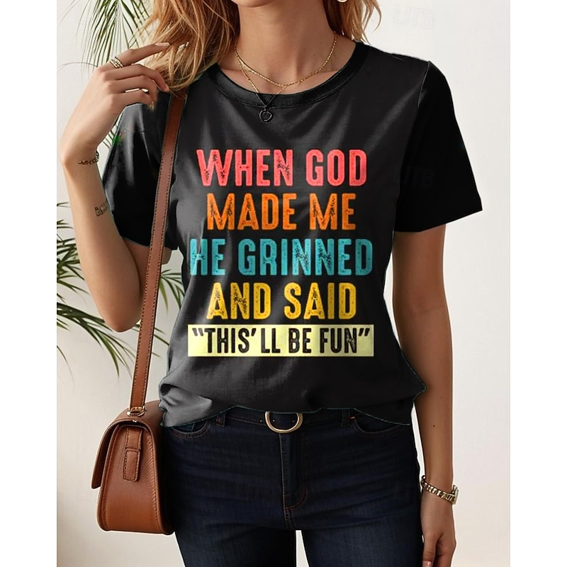 Women's T Shirt Graphic Letter Stylish Casual Short Sleeve Round Neck Regular Tops Daily Weekend Print Black White Pink Blue Purple Summer Spring GOD