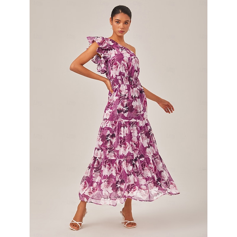 Women's Jumper Dress Flapper Dress Midi Dress Purple Sleeveless Floral Ruffle Off Shoulder Puff Sleeve Summer Surplice Neck Elegant Fashion S M L
