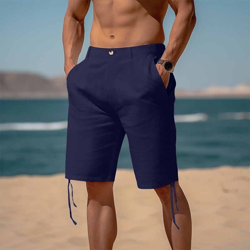 Men's Shorts Linen Shorts Summer Shorts Beach Shorts Pocket Leg Drawstring Straight Leg Plain Comfort Breathable Knee Length Casual Daily Holiday Vacation Fashion White Navy Blue3