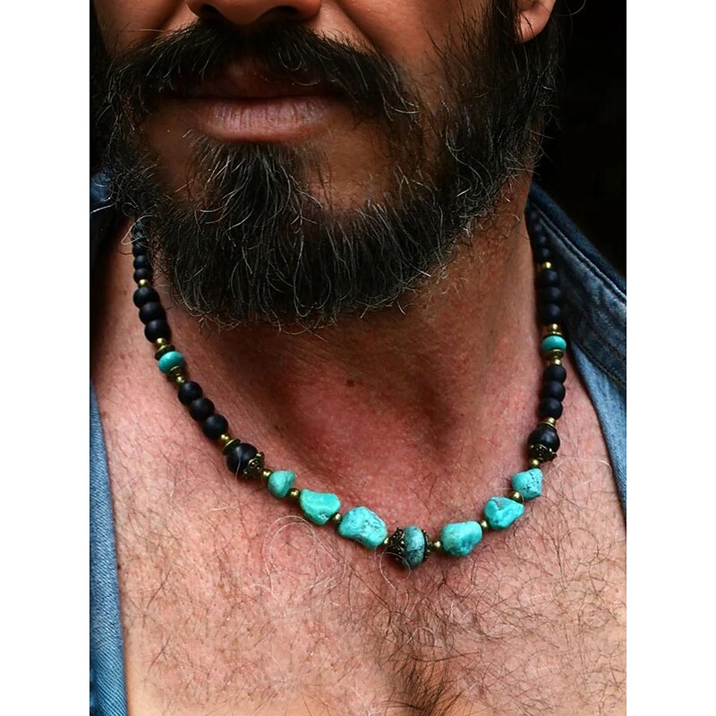 Handmade Natural Stone Beaded Necklace for Men – Vintage Boho Style Turquoise & Black Agate Choker, Tribal Jewelry for Beach, Travel & Casual Wear2