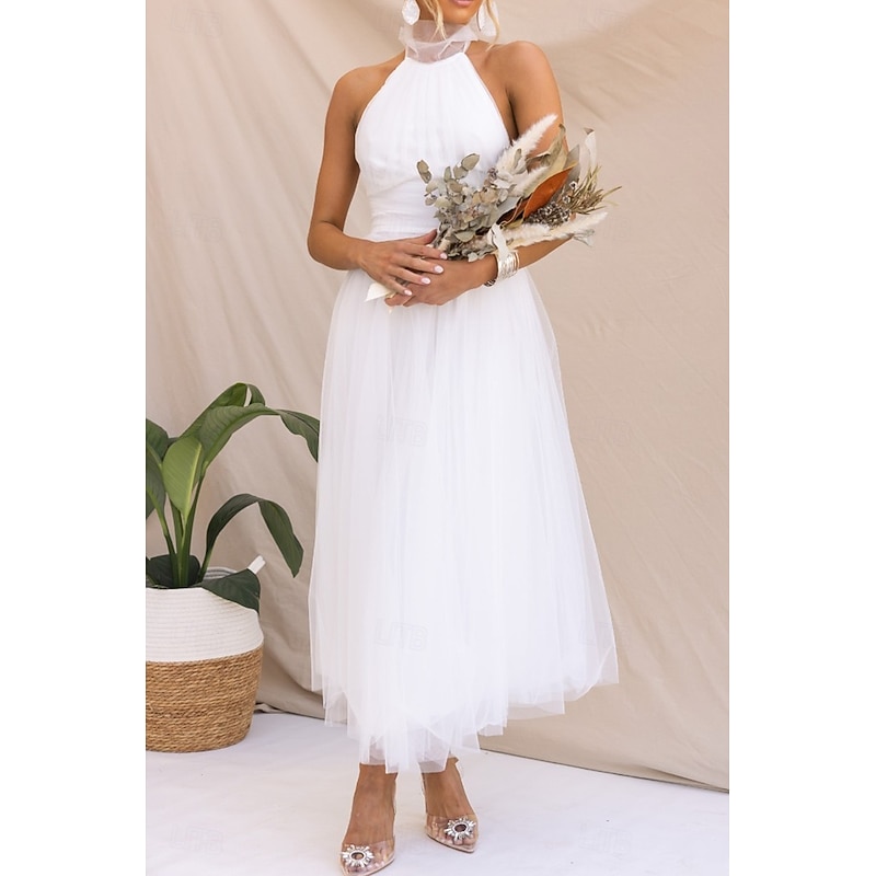 Women's Midi Dress Cocktail Dress Halter Neck Dress Elegant Fashion Party Birthday Tea Party Regular Fit Plain Sleeveless Halter Neck White Pink Apricot Summer3