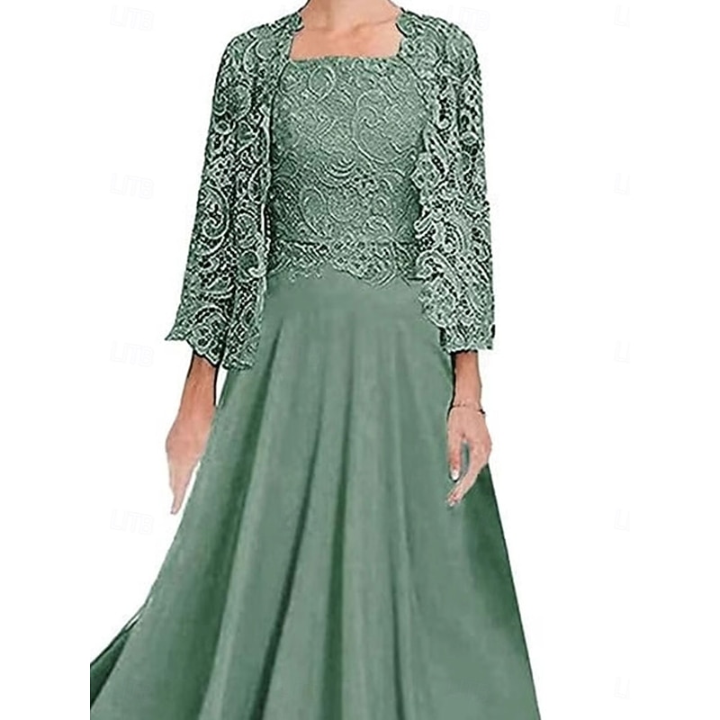 Dress Sets Mother of the Bride Dress Wedding Guest Elegant Party Simple Square Neck Floor Length Polyester Long Sleeve with Solid Color4