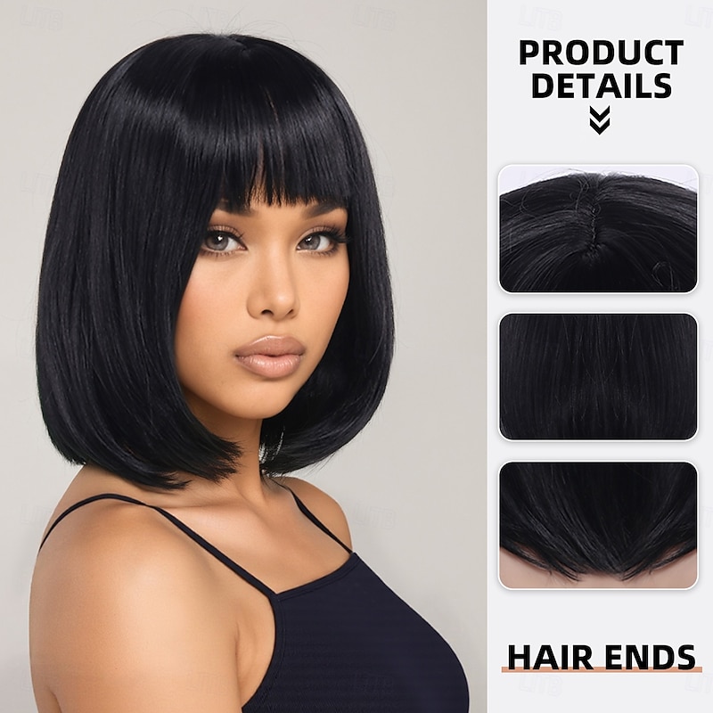 Synthetic Wig Straight Yaki Straight Asymmetrical Neat Bang Machine Made Wig 14 inch A1 Synthetic Hair Women's Party Classic Comfortable Black2