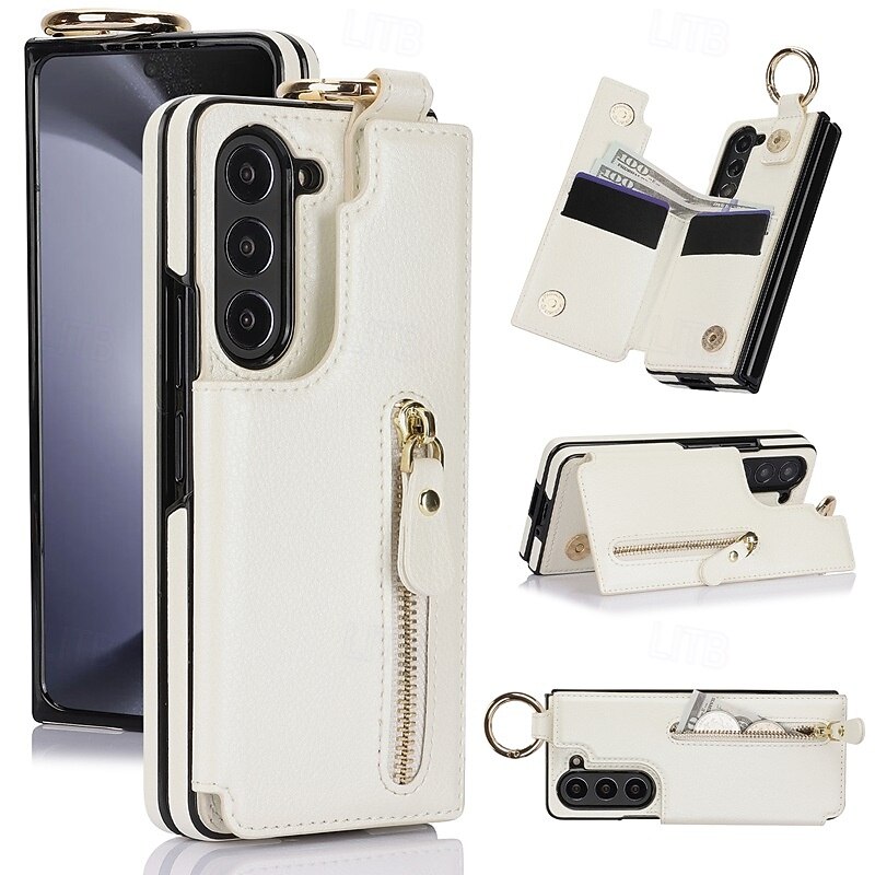 Phone Case For Samsung Galaxy Z Fold 7 Z Fold 5 Z Fold 4 Z Fold 3 Back Cover with Stand Holder Zipper Card Slot Retro TPU PU Leather2