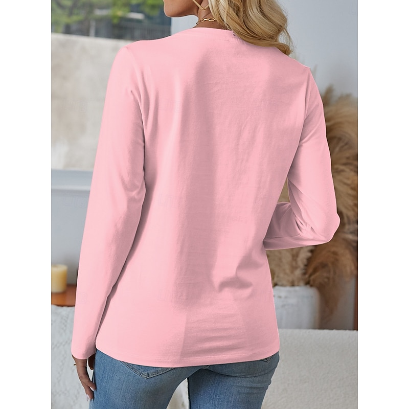 Women's T Shirt Graphic Letter Casual Long Sleeve V Neck Regular Tops Daily Cut Out Print Black Pink Green Spring Fall2