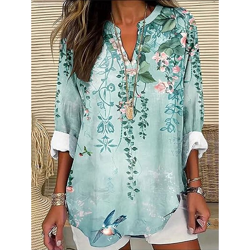 Women's Blouse Tunic V Neck Long Sleeve Boho Casual Tops Floral Graphic Vintage Tropical Regular Tops Daily Wear Print White Pink Blue Green Gray2