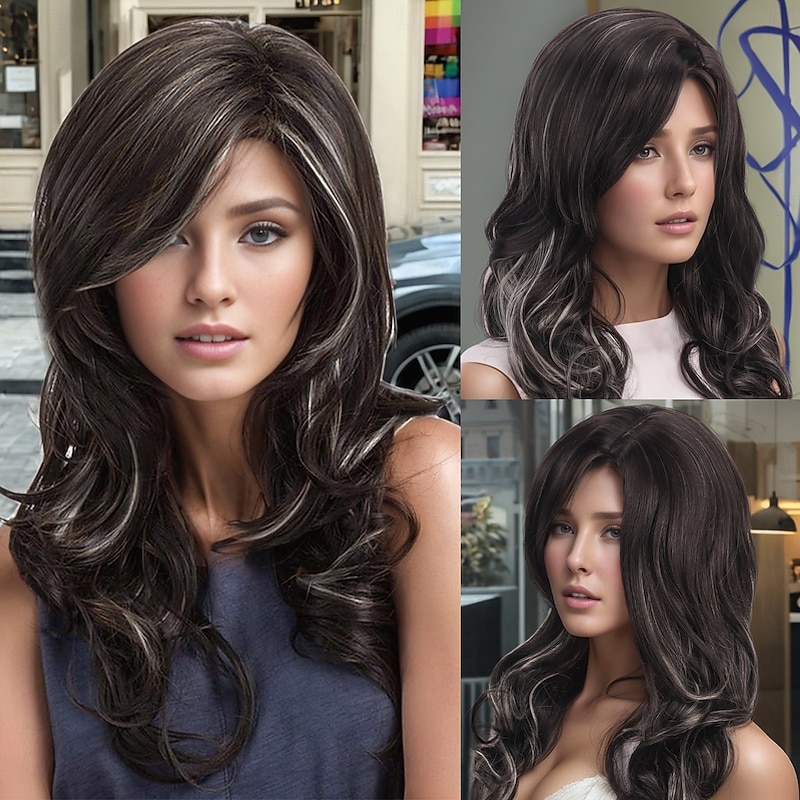 Synthetic Wig Wavy Curly Weave Layered Haircut With Bangs Machine Made Wig 22 inch A1 Synthetic Hair Women's Classic Comfortable Color Gradient Dark Brown Mixed Color