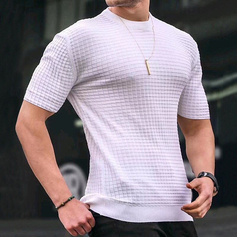 Men's T Shirt Tee Waffle Knit Tee Short Sleeve Shirt Short Sleeve Crew Neck Summer Plain Fashion Designer Basic Jacquard Vacation Street Going out Black White khaki Top Tee for Men3