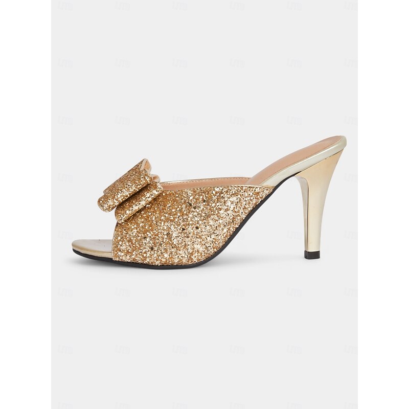 Women's Gold Glitter Bow Stiletto Mules – Glamorous Party & Romantic Dinner Shoes3