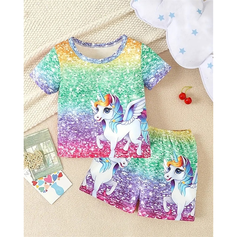 Girls' 3D Unicorn T-shirt & Shorts Set Short Sleeve Summer Spring Sports Fashion Daily Kids 4-12 Years Crew Neck Outdoor Vacation Sports Tailored Fit