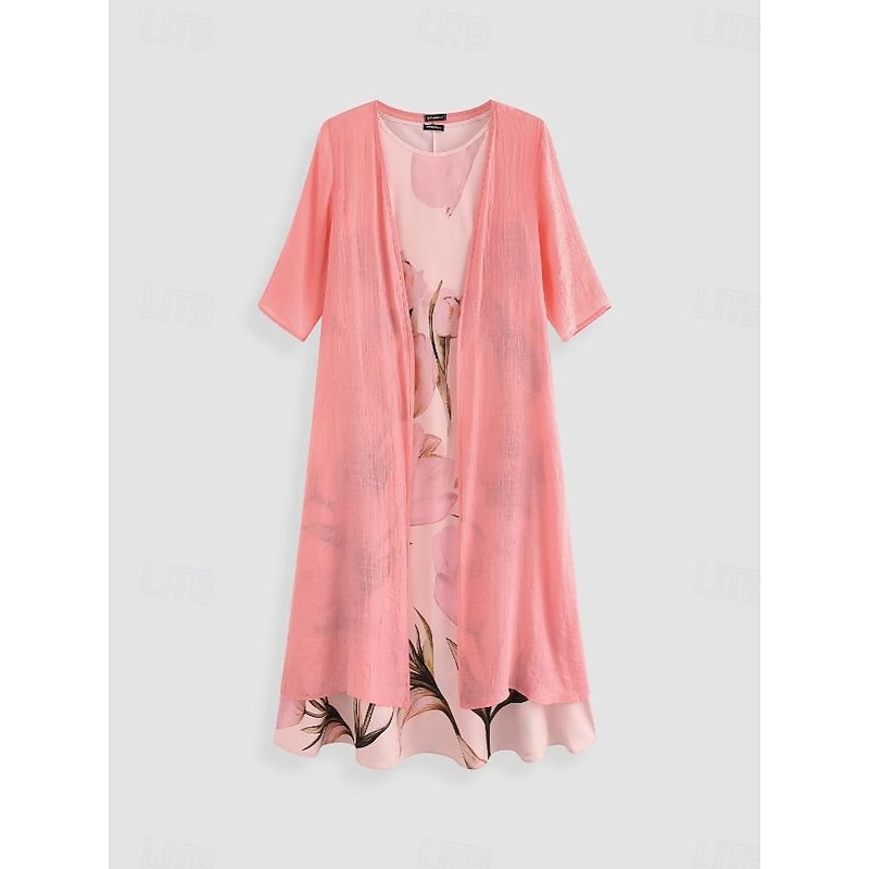 Women's Maxi Dress Summer Dress Vacation Casual Cocktail Wedding Guest Birthday Daily Regular Fit Ombre Floral 3/4 Length Sleeve Crew Neck Pink Summer Spring2