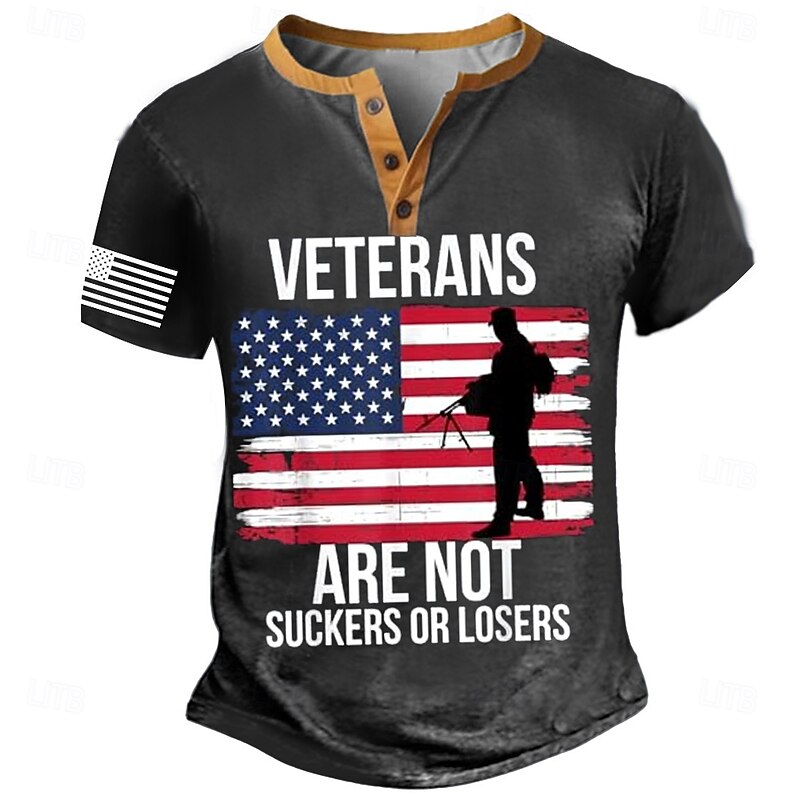 Men's American US Flag Veterans Day T Shirt Henley Shirt Short Sleeve Designer Retro Vintage Street Casual Daily Summer Spring Army Green Black Navy Blue Henley Henley T-Shirt4