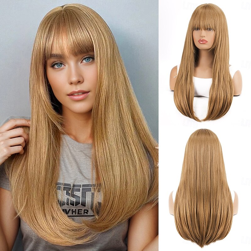 Synthetic Wig Bouncy Curl kinky Straight Layered Haircut With Bangs Machine Made Wig 24 inch A1 A2 Synthetic Hair Women's Classic Comfortable Color Gradient Ombre Brown