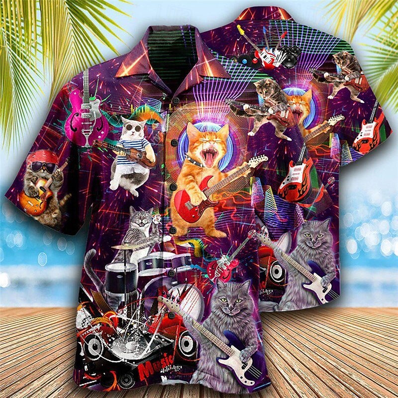 Men's Cat Guitar Shirt Summer Hawaiian Shirt Aloha Shirt Short Sleeve Shirt Turndown Tropical Fashion Hawaiian Casual Hawaiian Holiday Yellow Blue Light Purple S M L2