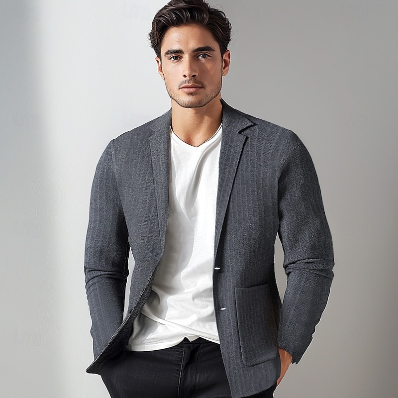Men's Blazer Jacket Sweater Coat School Formal Wedding Elegant Warm Spring Fall Wool Nylon Solid Color Jacquard Multiple Pockets Comfy Single Breasted Two-button Blazer Black Dark Grey Army Green