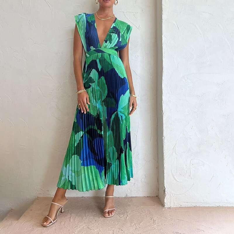 Women's Midi Dress Party Dress Cocktail Dress Ruched Dress Fashion Party Tea Party Regular Fit Tie Dye Sleeveless Deep V Green Summer3