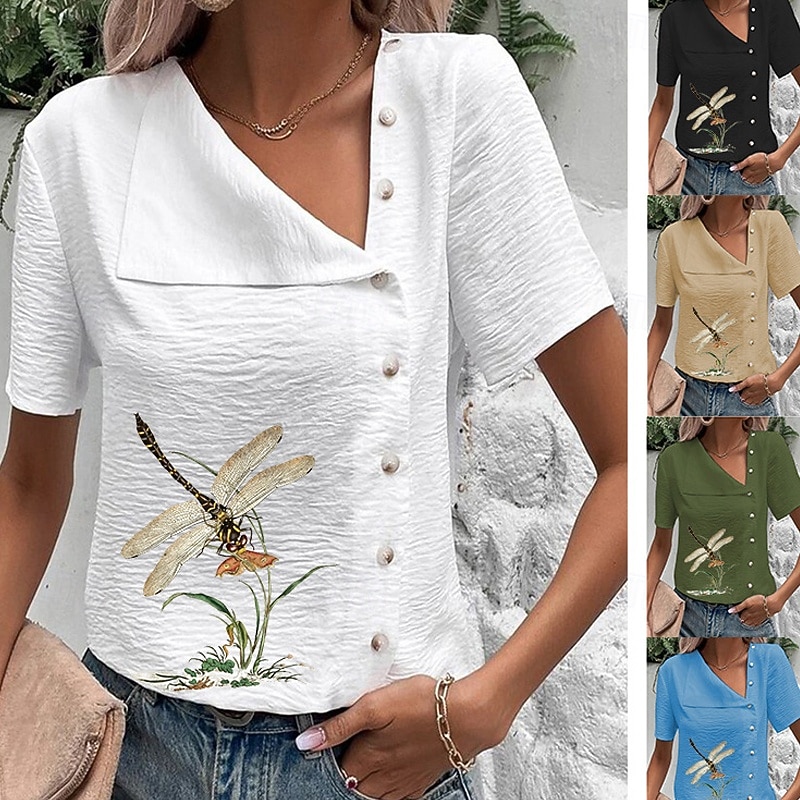 Women's Blouse Cotton Linen Shirts Flower Basic Casual Short Sleeve Asymmetrical Regular Tops Daily Holiday Buttons Print Black Blue Green Summer