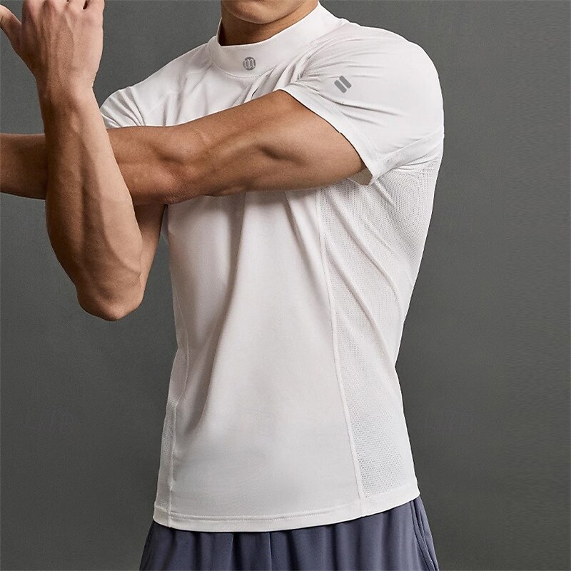 Men's Gym Shirt Compression Shirt Fitness Shirt Crew Neck Short Sleeves Casual Daily Gym Quick dry High Stretch Sweat wicking Patchwork Plain Black White non-printing Activewear Polyester2