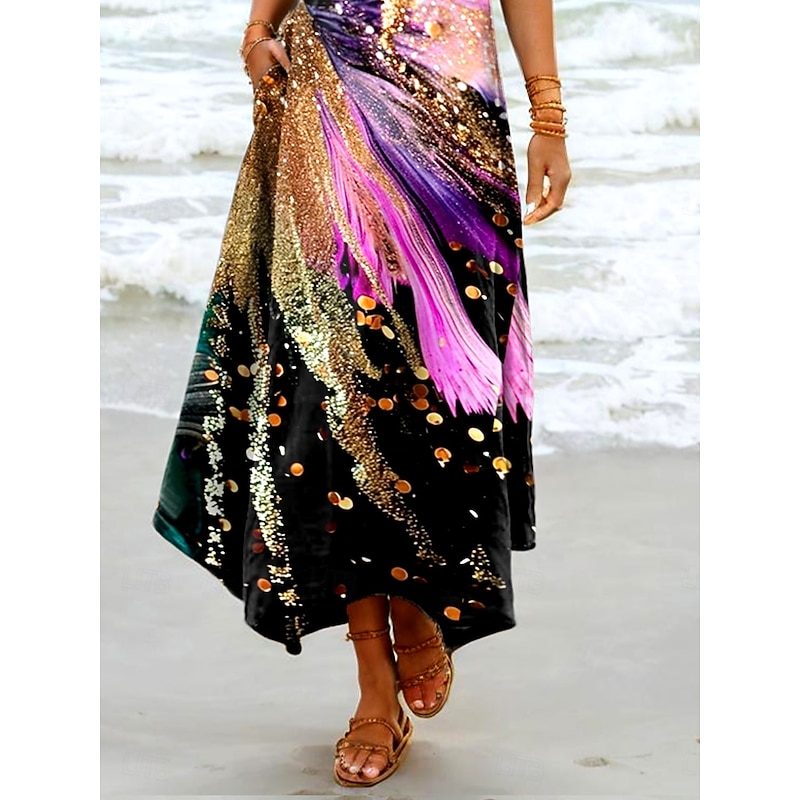 Women's Maxi Dress Sundress Shift Dress Vacation Boho Beach Party Beach Standard Fit Ombre Graphic Galaxy Sleeveless V Neck Pink Summer Spring3