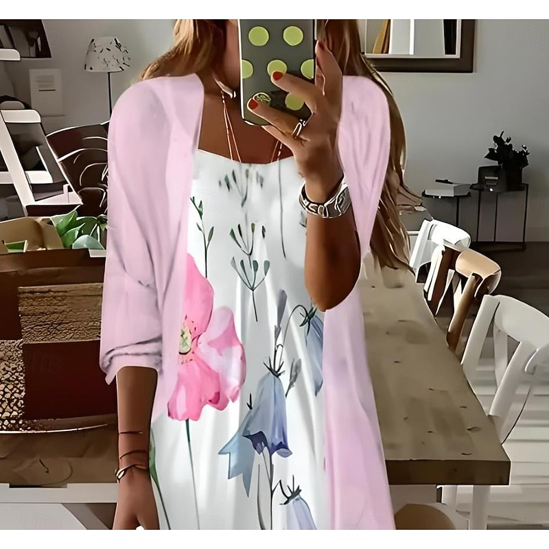 Women's Maxi Dress 2 Pieces Dress Set Sundress Summer Dress Slip Dress Vacation Formal Boho Vacation Loose Fit Floral Graphic 3/4 Length Sleeve Strap V Neck Pink Summer Spring2