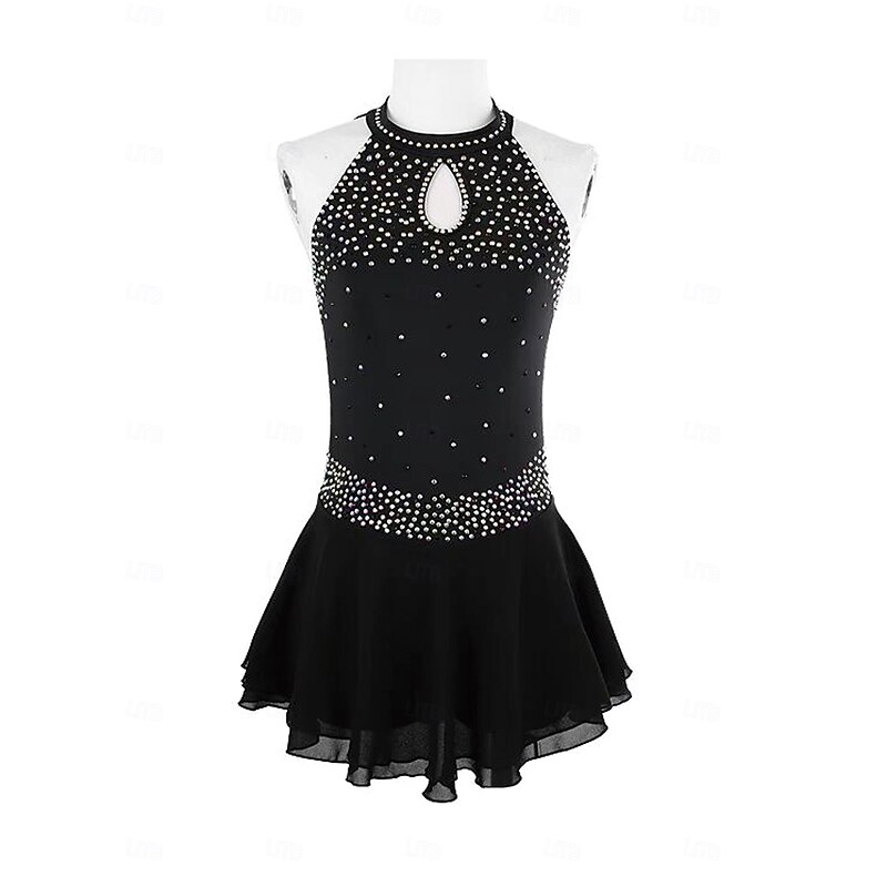 Figure Skating Dress Women's Girls' Ice Skating Dress Black Open Back Mesh Spandex Stretchy Training Practice Professional Skating Wear Thermal Warm Crystal / Rhinestone Sleeveless Ice Skating Figure