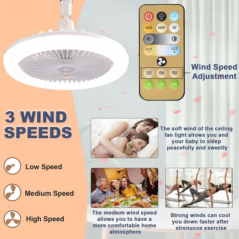 E27 Base Ceiling Fan with Light and Remote Control Ceiling Light with Fan 3 Speeds 3 Light Color Dimming and Timing for Bedroom Living Room Dormitory3